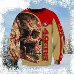 Show your 49ers pride this Christmas with our stylish beige and red skull design sweater! Perfect for game day or cozy nights. Shop now and get ready for the holidays! - Image 1 - rugbyfanstore.com