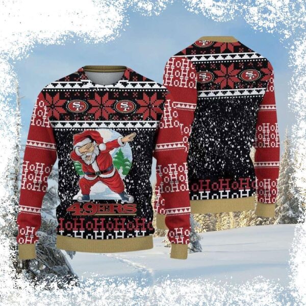 Show your 49ers pride this holiday season with our exclusive Santa Dab Ugly Christmas Sweater! Black and red design with a festive twist. Get yours today! - Image 1 - rugbyfanstore.com