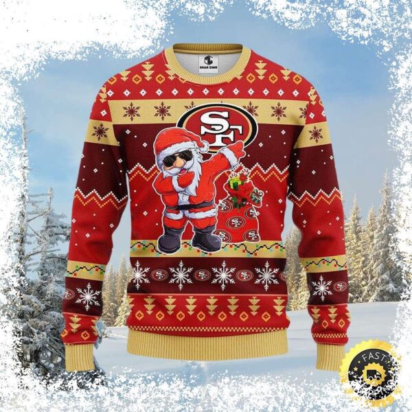 Show your 49ers pride this holiday season with this festive Santa Dab Christmas sweater! Perfect for tailgating or spreading holiday cheer. Shop now and get yours before they're gone! - Image 1 - rugbyfanstore.com