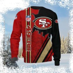 Show your team spirit this Christmas with this hilarious San Francisco 49ers Ugly Christmas Sweater! Red and black design, perfect for game day or holiday gatherings. Shop now! - Image 1 - rugbyfanstore.com