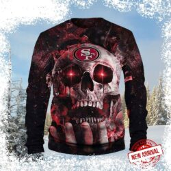 Show your team spirit this holiday season with our San Francisco 49ers Red Skull and Smoke Christmas Sweater! This festive sweater features a unique design and is perfect for any Niners fan. Shop now! - Image 1 - rugbyfanstore.com