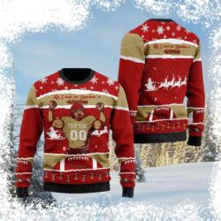 Show your 49ers pride this holiday season with a custom ugly sweater! Add your favorite player's name and number to this festive San Francisco 49ers sweater. Shop now and make a statement! - Image 1 - rugbyfanstore.com