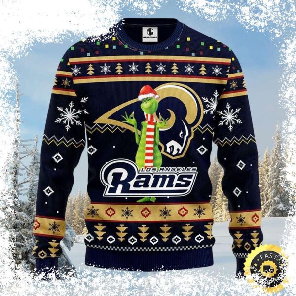 Show your Rams pride this holiday season with our hilarious Ugly Sweater featuring a Grinch Santa hat design! Perfect for parties or just lounging around, this sweater is sure to turn heads. Shop now - Image 1 - rugbyfanstore.com