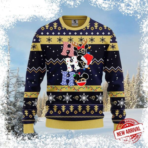 Spread holiday cheer with this hilarious Los Angeles Rams Ho Ho Ho Mickey Christmas Ugly Sweater! Perfect for game day or festive gatherings. Shop now and get ready to jingle all the way! - Image 1 - rugbyfanstore.com