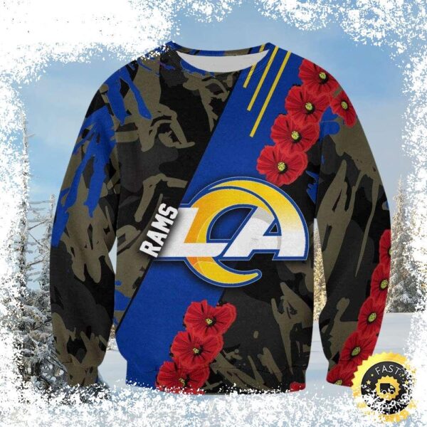 Show your Rams pride with this unique camouflage and poppy flower ugly sweater. Perfect for game day or holiday parties! Shop now and get ready to cheer on your team in style! - Image 1 - rugbyfanstore.com