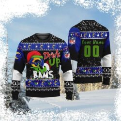 Show your Rams pride this holiday season with our hilarious Grinch Ugly Christmas Sweater! Featuring a festive green design with a Rams twist, you'll be the talk of the party. Order now and get ready - Image 1 - rugbyfanstore.com