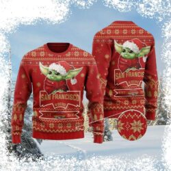 Show your 49ers pride this Christmas with our adorable Baby Yoda Santa Hat Ugly Christmas Sweater! Perfect for fans of all ages, get yours today! - Image 1 - rugbyfanstore.com