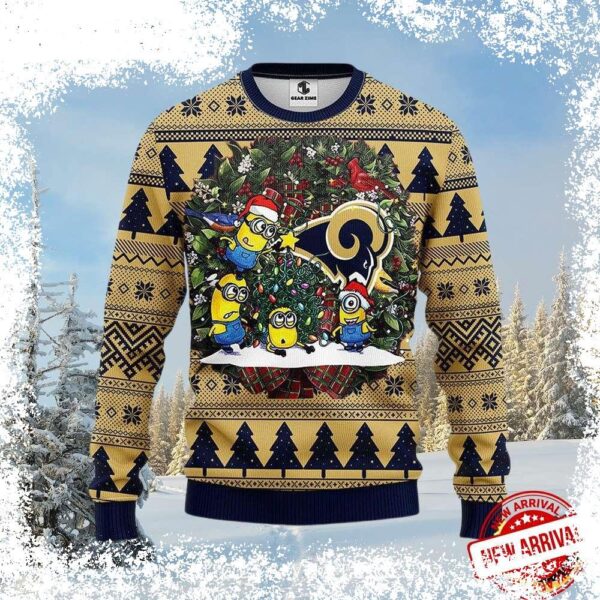 Show your Rams pride this holiday season with our hilarious Los Angeles Rams Minions Holiday Wreath Ugly Sweater! Perfect for game day or festive gatherings, this sweater is sure to turn heads. Shop n - Image 1 - rugbyfanstore.com