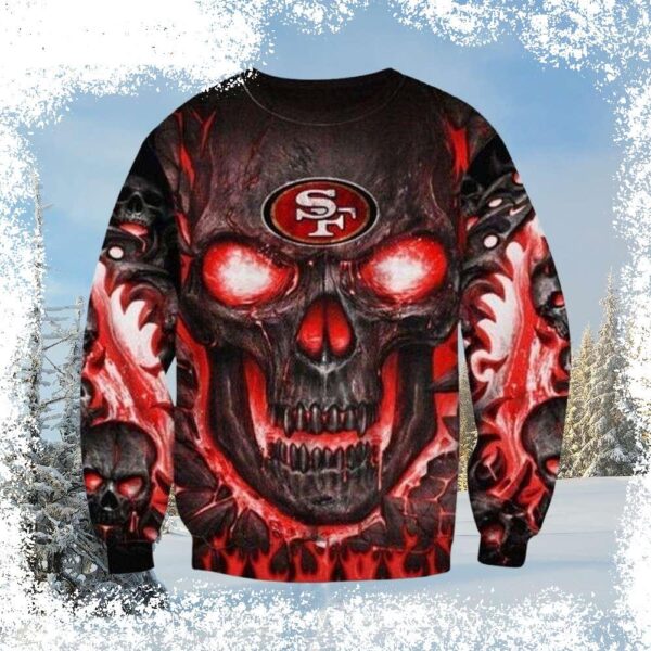 Show your team spirit this holiday season with the San Francisco 49ers Glowing Red Skull Ugly Xmas Sweater! This eye-catching sweater features a unique design and a glowing skull, perfect for any 49e - Image 1 - rugbyfanstore.com