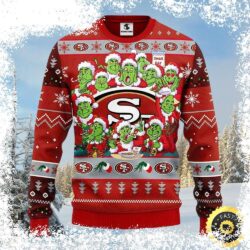 Show your 49ers pride this Christmas Day with our hilarious Grinch-themed ugly sweater! Perfect for holiday parties, this sweater is sure to get you noticed. Shop now and spread some festive fun! - Image 1 - rugbyfanstore.com