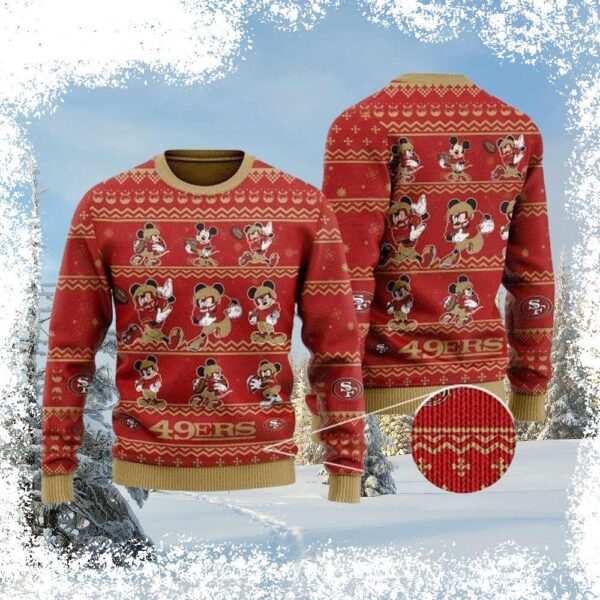 Show your 49ers pride this holiday season with our hilarious San Francisco 49ers Mickey Mouse Ugly Christmas Sweater! Perfect for game day or festive gatherings. Shop now and spread the cheer! - Image 1 - rugbyfanstore.com