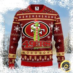 Show your team spirit this holiday season with our hilarious San Francisco 49ers Grinch Hugging Logo Ugly Christmas Sweater! Get yours today and spread the festive cheer! - Image 1 - rugbyfanstore.com