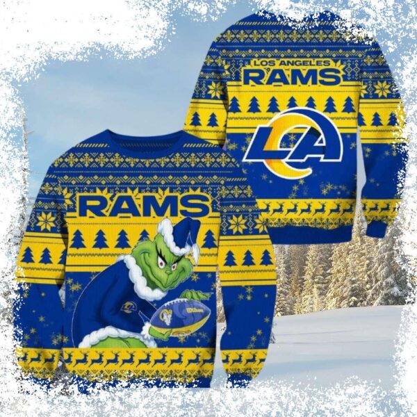 Show your Rams pride this holiday season with our hilarious Grinch-themed ugly Christmas sweater! Perfect for game day or holiday gatherings, this sweater is sure to turn heads. Shop now and get ready - Image 1 - rugbyfanstore.com