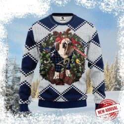 Show your Rams pride this holiday season with this hilarious ugly Christmas sweater featuring a pub dog reindeer wreath! Get yours now and be the talk of the party! - Image 1 - rugbyfanstore.com