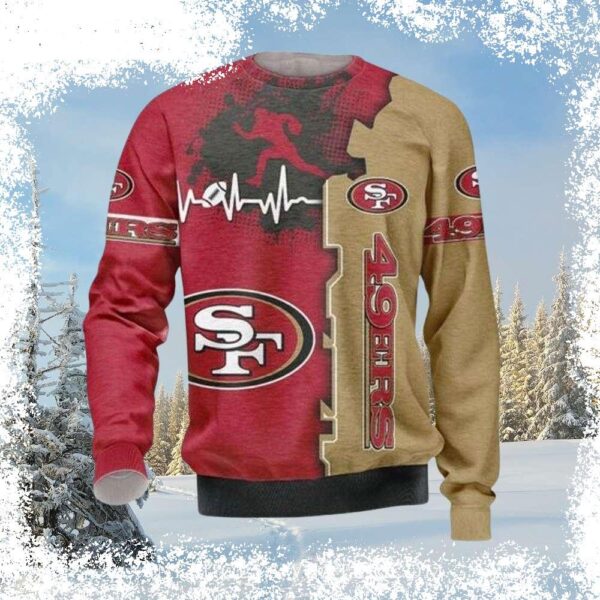 Show your 49ers pride in style with this bold red and gold Ugly Christmas Sweater! Perfect for game day or holiday gatherings. Shop now and get ready to cheer on the Niners! - Image 1 - rugbyfanstore.com