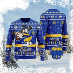 Show your Rams pride this Christmas with this fun and festive Mickey Mouse football sweater! Featuring Mickey in Rams gear, this sweater is perfect for any fan. Shop now and get ready to cheer on the - Image 1 - rugbyfanstore.com