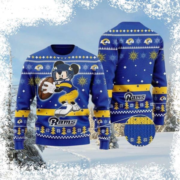 Show your Rams pride this Christmas with this fun and festive Mickey Mouse football sweater! Featuring Mickey in Rams gear, this sweater is perfect for any fan. Shop now and get ready to cheer on the - Image 1 - rugbyfanstore.com