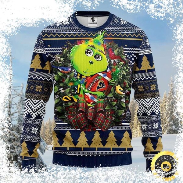 Show your Rams pride this Christmas with this hilarious Grinch-themed ugly sweater! Featuring the Rams logo and a festive Grinch design, it's the perfect way to spread holiday cheer. Shop now and get - Image 1 - rugbyfanstore.com