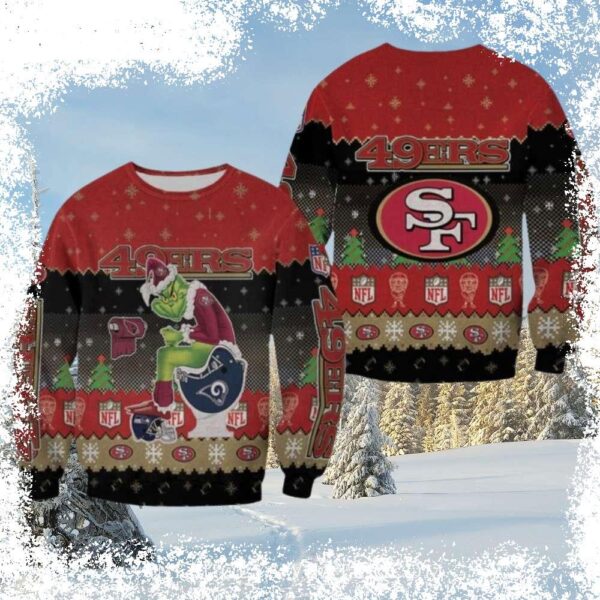 Show your 49ers pride this Christmas with this hilarious Grinch-themed ugly sweater! Featuring a festive Grinch sitting on the toilet, it's the perfect way to add some humor to your holiday celebratio - Image 1 - rugbyfanstore.com