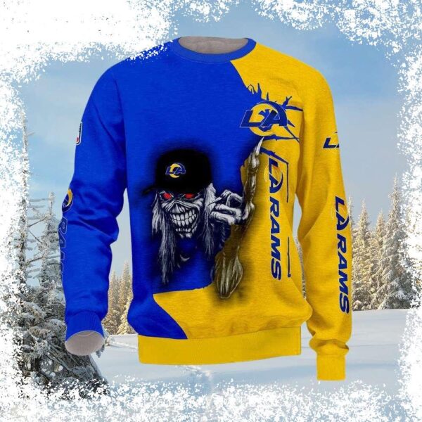 Show your Rams pride this Halloween with this spooky, skull-themed ugly sweater! Perfect for game day or any festive occasion. Shop now and get ready to cheer on your team in style! - Image 1 - rugbyfanstore.com