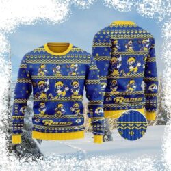 Show your Rams pride this holiday season with our hilarious Mickey Mouse action ugly Christmas sweater! Perfect for game day or festive gatherings. Shop now and get ready to spread some holiday cheer! - Image 1 - rugbyfanstore.com