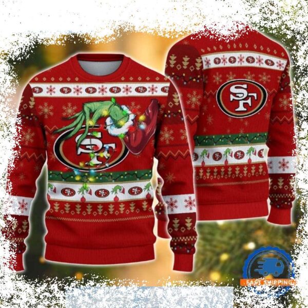 Show your team spirit this Christmas with our San Francisco 49ers Grinch with Stocking Red Christmas Sweater! Perfect for tailgating or just chilling at home, this festive sweater is sure to be a hit. - Image 1 - rugbyfanstore.com