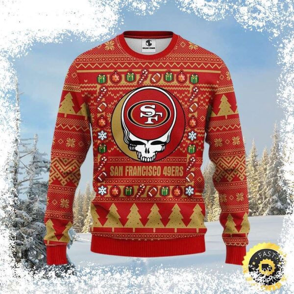 Show your love for the Grateful Dead and the 49ers with this unique Christmas sweater! Featuring a skull logo with iconic imagery, this sweater is perfect for the holidays. Shop now and stand out this - Image 1 - rugbyfanstore.com