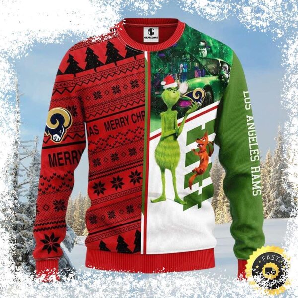 Show your Rams pride with this awesome half red, half green Grinch and Scooby design! Perfect for any fan, grab yours today! - Image 1 - rugbyfanstore.com