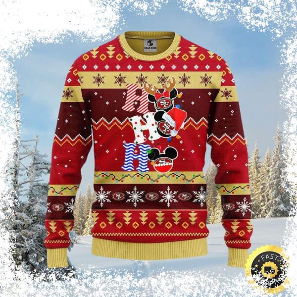 Spread holiday cheer with this hilarious San Francisco 49ers Ho Ho Ho Mickey Reindeer Ugly Christmas Sweater! Perfect for game day or festive gatherings. Shop now and get ready to jingle all the way! - Image 1 - rugbyfanstore.com