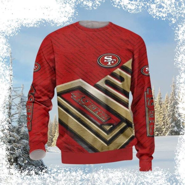 Show your 49ers pride this holiday season with this bold red and gold ugly Christmas sweater featuring the 49ers text. Shop now and make a statement! - Image 1 - rugbyfanstore.com