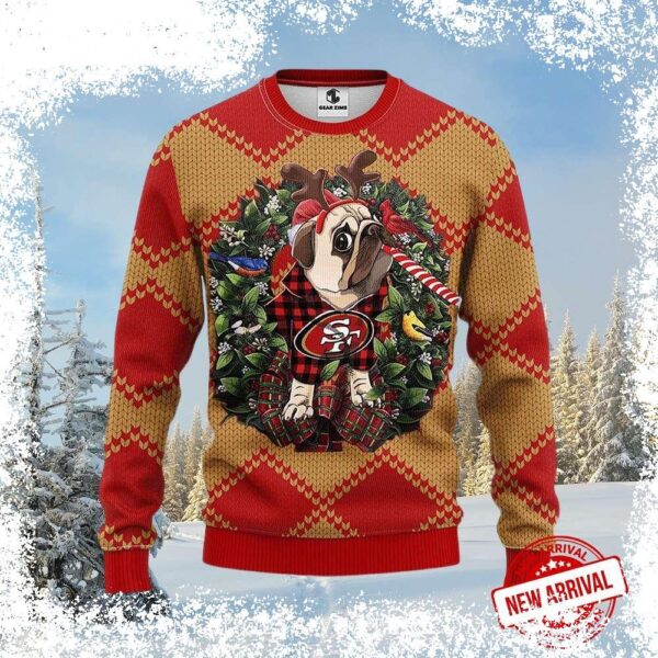 Show your team spirit with this adorable San Francisco 49ers Pug Reindeer Wreath Christmas sweater! Perfect for game day or holiday gatherings. Shop now and get ready to cheer on the Niners in style! - Image 1 - rugbyfanstore.com