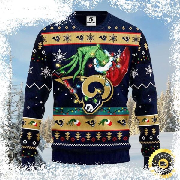 Show your Rams pride this Christmas with our hilarious Grinch Holding Stocking sweater! Perfect for game day or holiday gatherings. Shop now and get free shipping on orders over $50! - Image 1 - rugbyfanstore.com