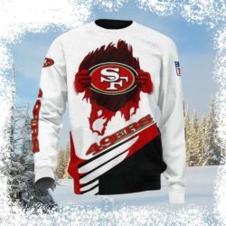 Show your 49ers pride this holiday season with our hilarious white ugly Christmas sweater featuring a bold logo reveal! Perfect for festive gatherings, grab yours today! - Image 1 - rugbyfanstore.com