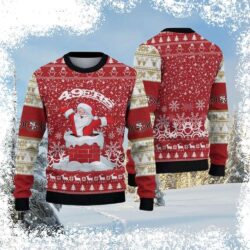 Spread holiday cheer with this hilarious San Francisco 49ers Santa in Chimney Ugly Xmas Sweater! Perfect for tailgating or festive gatherings. Shop now and show your team spirit! - Image 1 - rugbyfanstore.com