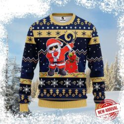 Show your Rams pride this Christmas with this hilarious ugly sweater! Featuring a Santa Claus sporting Rams gear, it's the perfect way to spread holiday cheer. Shop now and get ready for the season! - Image 1 - rugbyfanstore.com