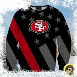 Show your 49ers pride this holiday season with this hilarious black star stripes ugly Christmas sweater! Perfect for game day or festive gatherings, this sweater is sure to turn heads. Shop now and ge - Image 1 - rugbyfanstore.com