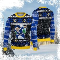 Spread holiday cheer with this hilarious Los Angeles Rams Ho Ho Ho Santa Dab Ugly Christmas Sweater! Perfect for game day or festive gatherings. Shop now and get ready to laugh! - Image 1 - rugbyfanstore.com