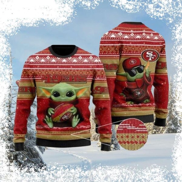 Show your love for the 49ers and Baby Yoda this Christmas! This hilarious ugly sweater is perfect for any fan. Get yours today and spread some festive cheer! - Image 1 - rugbyfanstore.com