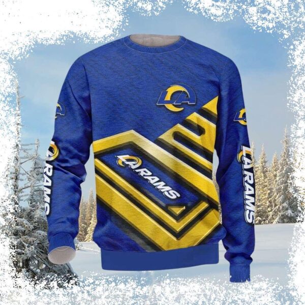 Show your Rams pride this holiday season with our bold diagonal design Ugly Christmas Sweater! Perfect for game day or festive gatherings. Shop now and get ready to cheer on the Rams in style! - Image 1 - rugbyfanstore.com