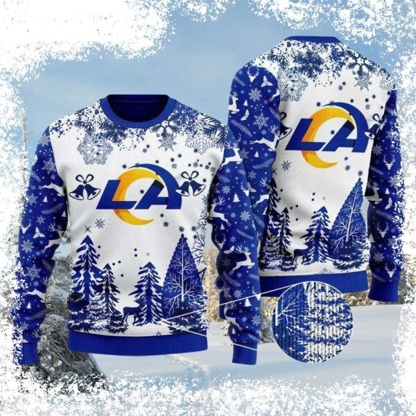 Show your Rams pride this winter with this hilarious, ugly Christmas sweater featuring a snowy Los Angeles Rams scene! Perfect for holiday parties or just lounging around the house. Shop now! - Image 1 - rugbyfanstore.com