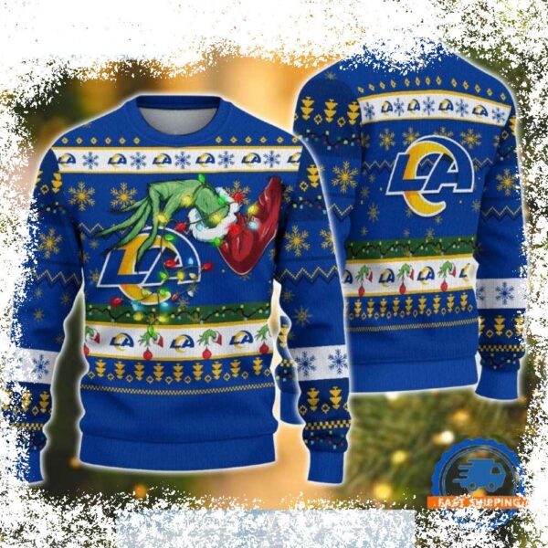 Show your Rams spirit this holiday season with our hilarious Grinch Stealing Christmas Ugly Sweater! Perfect for game day or festive gatherings, this sweater is sure to turn heads. Shop now and get re - Image 1 - rugbyfanstore.com