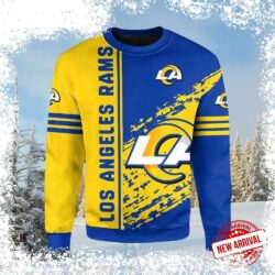 Show your Rams pride this Christmas with this stylish blue and yellow striped sweater! Perfect for game day or holiday gatherings. Shop now and get ready to cheer on the Rams! - Image 1 - rugbyfanstore.com