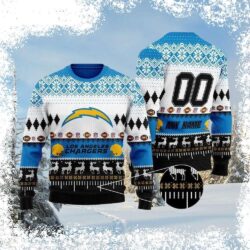 Show your Chargers pride this Christmas with a custom ugly sweater! Add your name and number for a unique gift. Order now and spread holiday cheer! - Image 1 - rugbyfanstore.com