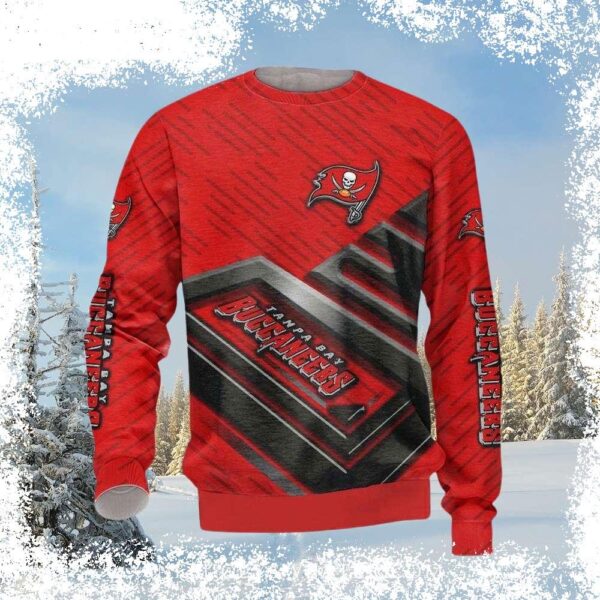 Show your Bucs pride this holiday season with our Tampa Bay Buccaneers Red Gradient Striped Ugly Christmas Sweater! Get yours now and spread the cheer! - Image 1 - rugbyfanstore.com