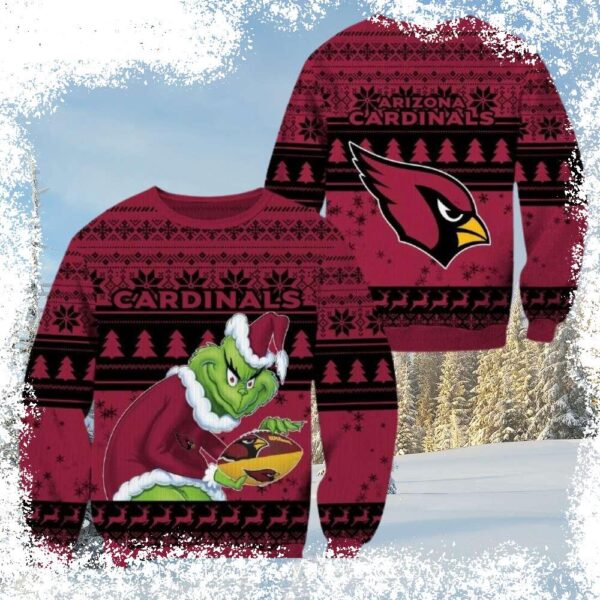 Show your Cardinals pride this Christmas with this hilarious Grinch holding football ugly Christmas sweater! Perfect for game day or any festive occasion. Shop now and spread some holiday cheer! - Image 1 - rugbyfanstore.com