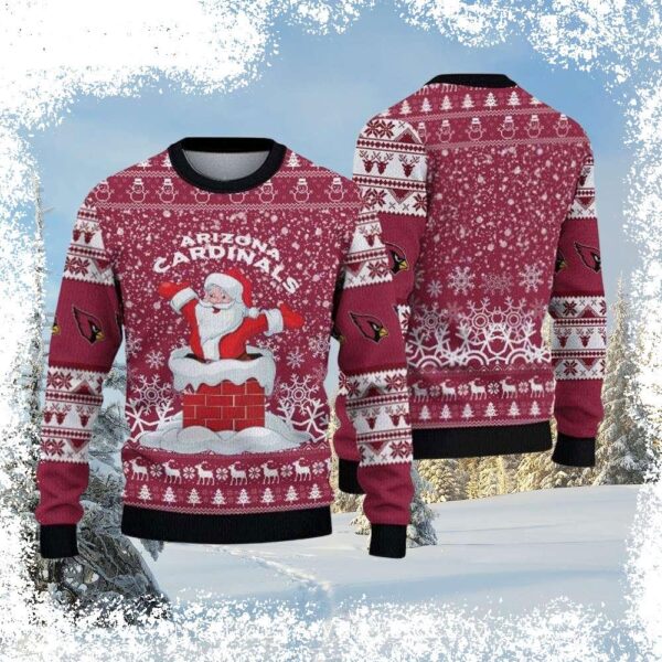 Spread holiday cheer with this hilarious Arizona Cardinals Santa in chimney ugly Christmas sweater! Perfect for game day or a festive party. Shop now and get ready to jingle all the way! - Image 1 - rugbyfanstore.com