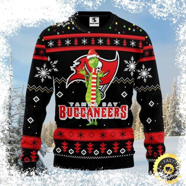 Show your Tampa Bay Buccaneers pride this holiday season with this festive Grinch-themed ugly Christmas sweater! Get yours today and spread some festive cheer! - Image 1 - rugbyfanstore.com