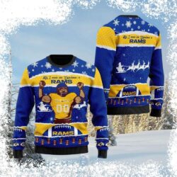 Show your Rams pride this Christmas with our hilarious "All I Need For Christmas" ugly sweater! Perfect for game day or festive gatherings. Shop now and spread the cheer! - Image 1 - rugbyfanstore.com