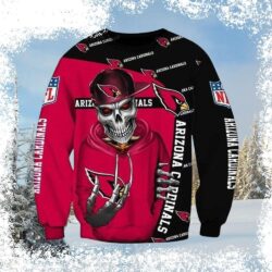 Show your team spirit in style with this Arizona Cardinals ugly sweater featuring a skeleton and hoodie design. Perfect for game day or holiday parties! Shop now and get ready to cheer on the Cards! - Image 1 - rugbyfanstore.com