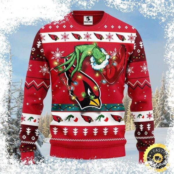 Show your Arizona Cardinals spirit with this hilarious Grinch-themed Ugly Christmas sweater featuring the team logo! Get yours today and spread holiday cheer! - Image 1 - rugbyfanstore.com